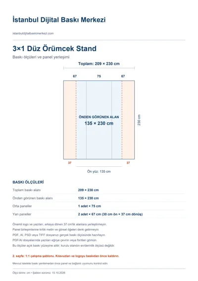 İstanbul Dijital Baskı Merkezi logolu 3×1 Düz Örümcek Stand baskı şablonu: toplam 209 × 230 cm; görünen 135 × 230 cm