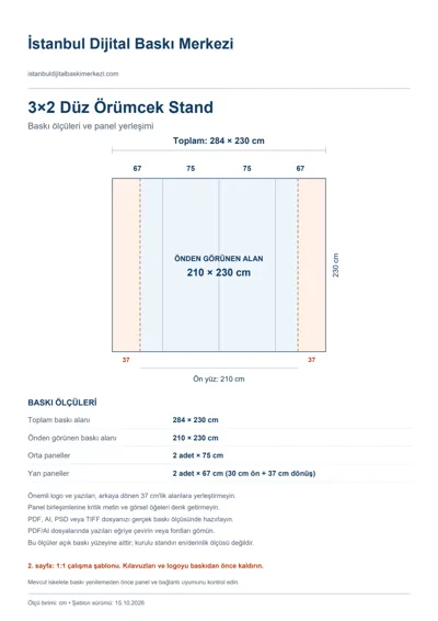İstanbul Dijital Baskı Merkezi logolu 3×2 Düz Örümcek Stand baskı şablonu: toplam 284 × 230 cm; görünen 210 × 230 cm