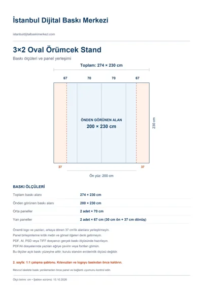 İstanbul Dijital Baskı Merkezi logolu 3×2 Oval Örümcek Stand baskı şablonu: toplam 274 × 230 cm; görünen 200 × 230 cm