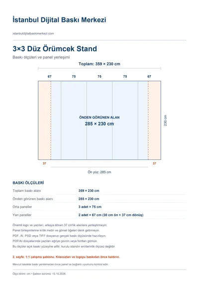 İstanbul Dijital Baskı Merkezi logolu 3×3 Düz Örümcek Stand baskı şablonu: toplam 359 × 230 cm; görünen 285 × 230 cm