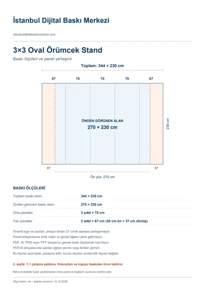 İstanbul Dijital Baskı Merkezi logolu 3×3 Oval Örümcek Stand baskı şablonu: toplam 344 × 230 cm; görünen 270 × 230 cm