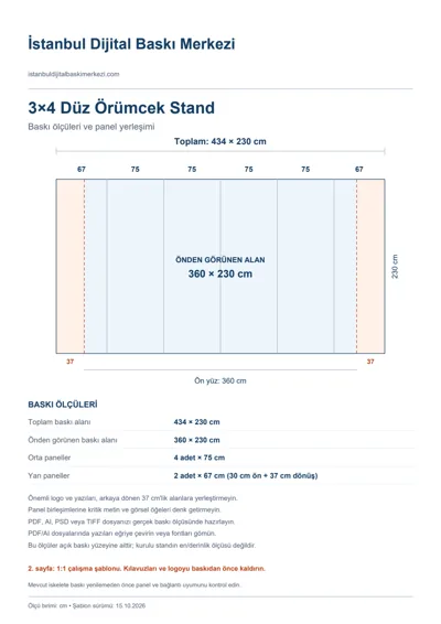 İstanbul Dijital Baskı Merkezi logolu 3×4 Düz Örümcek Stand baskı şablonu: toplam 434 × 230 cm; görünen 360 × 230 cm