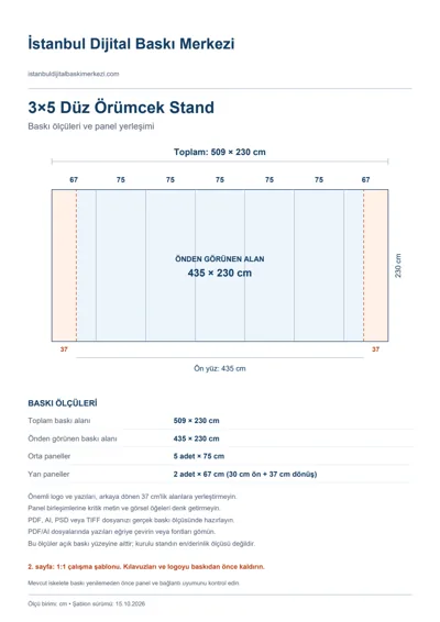 İstanbul Dijital Baskı Merkezi logolu 3×5 Düz Örümcek Stand baskı şablonu: toplam 509 × 230 cm; görünen 435 × 230 cm