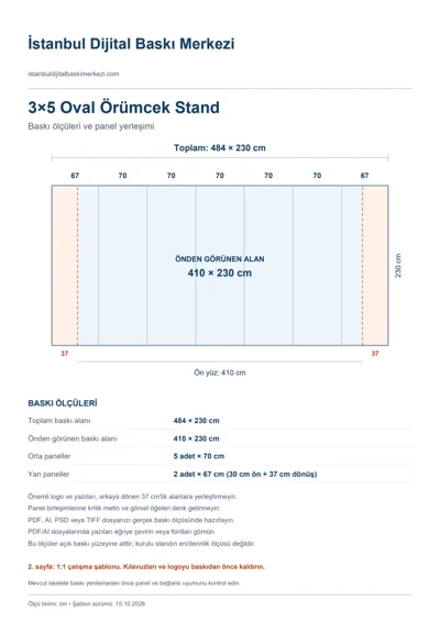 İstanbul Dijital Baskı Merkezi logolu 3×5 Oval Örümcek Stand baskı şablonu: toplam 484 × 230 cm; görünen 410 × 230 cm